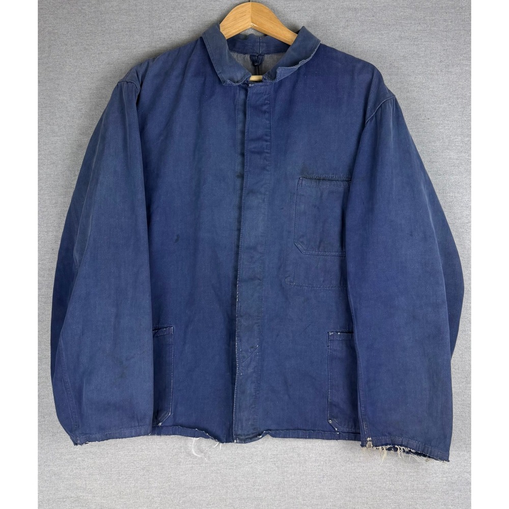 Vintage French Chore Jacket Blue Cotton Twill Faded Workwear XL Distressed